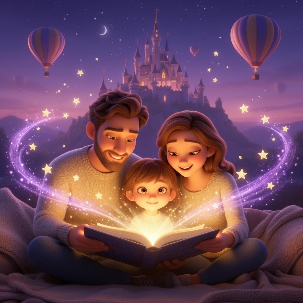 Family reading a magical glowing storybook together